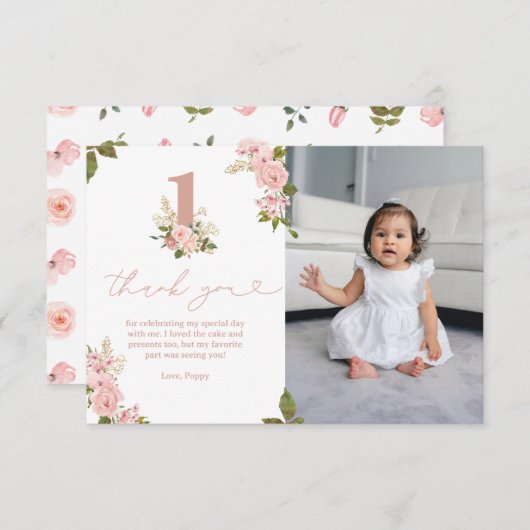 Roze Bloemen Kleine Miss 1e Verjaardag Bedankkaart (Voorkant / Achterkant)