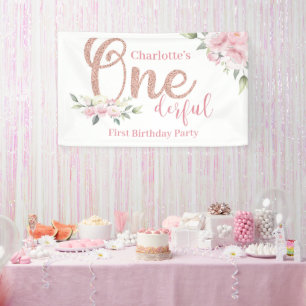 Roze Bloemen Kleine Miss Onederful Verjaardagsbann Spandoek