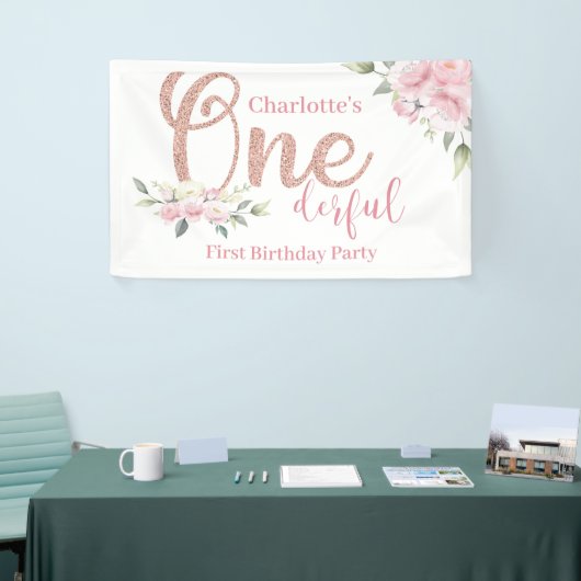 Roze Bloemen Kleine Miss Onederful Verjaardagsbann Spandoek (Beurs)