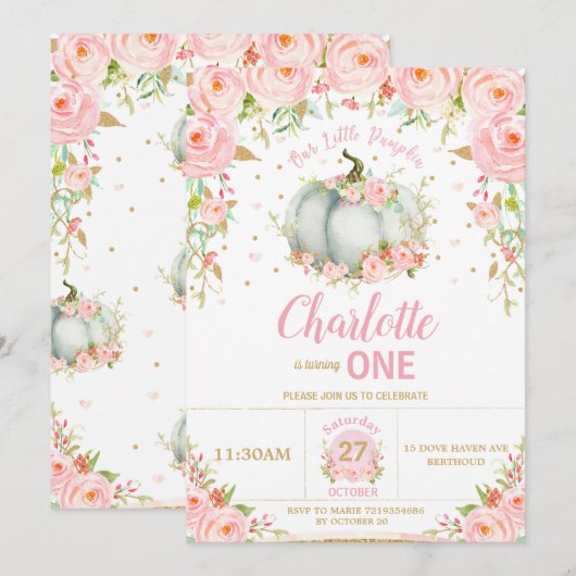 Roze Bloemen Kleine Pompoen1st Eerste Verjaardag Kaart (Voorkant / Achterkant)