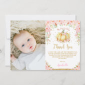 Roze Bloemen Kleine Pompoen 1e Verjaardag Bedankkaart (Voorkant)