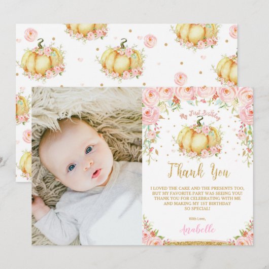Roze Bloemen Kleine Pompoen 1e Verjaardag Bedankkaart (Voorkant / Achterkant)