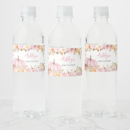 Roze Bloemen Kleine Pompoen Baby shower Waterfles Etiket (Flessen)
