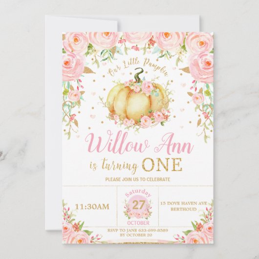 Roze Bloemen Kleine Pompoen Meisje 1e Eerste Verja Kaart (Voorkant)