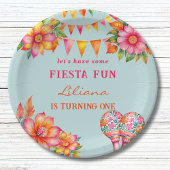 Roze Bloemen Kleurrijk Blauw Fiesta 1e Verjaardag Papieren Bordje