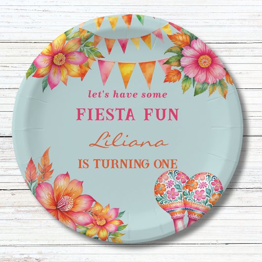 Roze Bloemen Kleurrijk Blauw Fiesta 1e Verjaardag Papieren Bordje