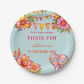 Roze Bloemen Kleurrijk Blauw Fiesta 1e Verjaardag Papieren Bordje (Voorkant)