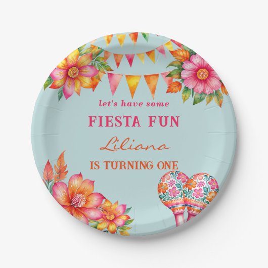 Roze Bloemen Kleurrijk Blauw Fiesta 1e Verjaardag Papieren Bordje (Voorkant)