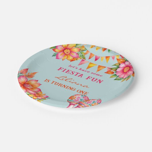 Roze Bloemen Kleurrijk Blauw Fiesta 1e Verjaardag Papieren Bordje (Gekanteld)