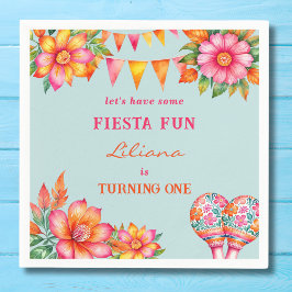 Roze Bloemen Kleurrijk Blauw Fiesta 1e Verjaardag Servet