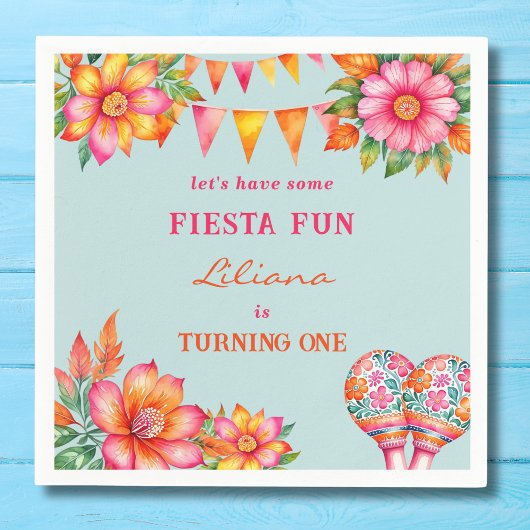 Roze Bloemen Kleurrijk Blauw Fiesta 1e Verjaardag Servet