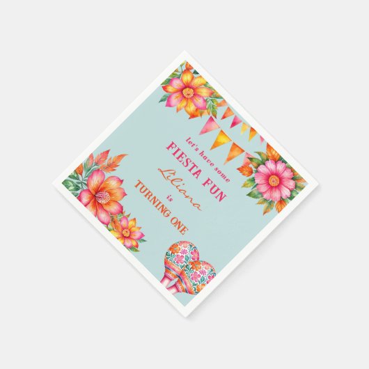 Roze Bloemen Kleurrijk Blauw Fiesta 1e Verjaardag Servet (Hoek)