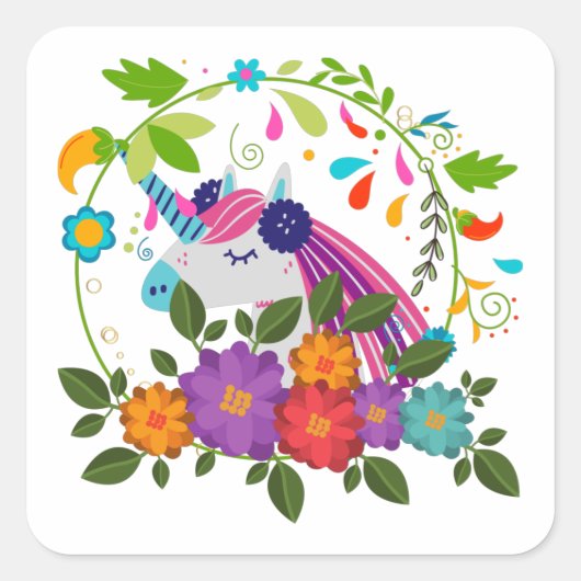  roze bloemen klinken unicorn kerstmis vierkante sticker (Voorkant)