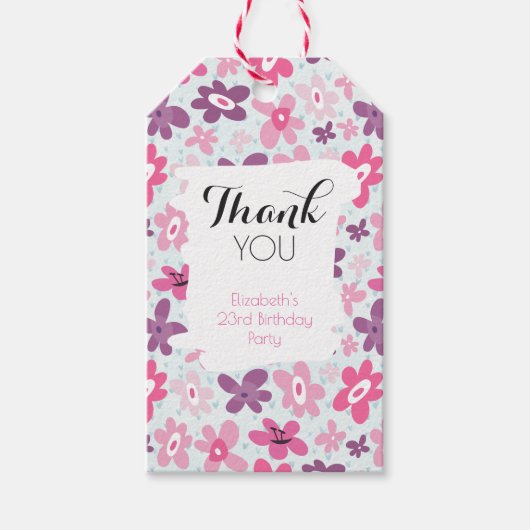 Roze bloemen kluffel fel patroon bedankt cadeaulabel (Voorkant)