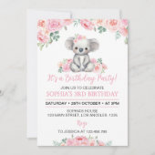 Roze Bloemen Koala Meisje Verjaardag Uitnodiging (Voorkant)