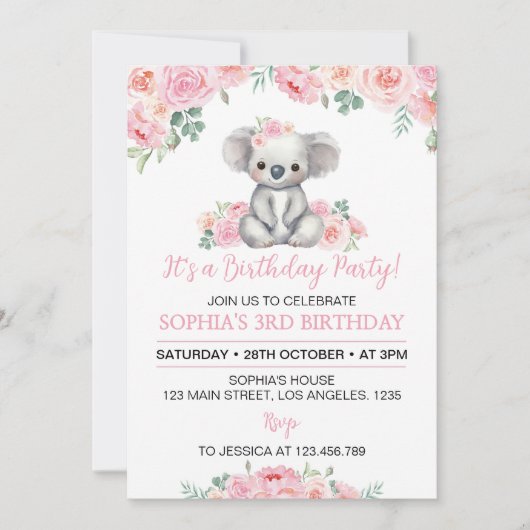 Roze Bloemen Koala Meisje Verjaardag Uitnodiging (Voorkant)