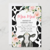 Roze Bloemen Koe Boerderij Verjaardagsuitnodiging Kaart (Voorkant)