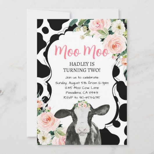 Roze Bloemen Koe Boerderij Verjaardagsuitnodiging Kaart (Voorkant)