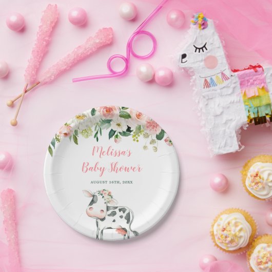 Roze Bloemen Koe Meisje Baby shower Papieren Bordje (Feest)