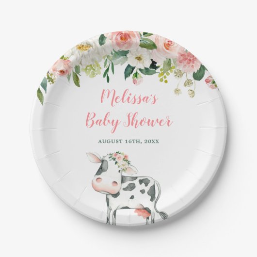 Roze Bloemen Koe Meisje Baby shower Papieren Bordje (Voorkant)
