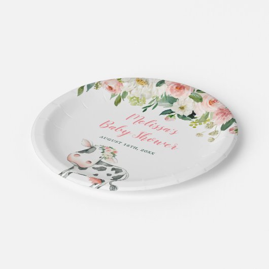 Roze Bloemen Koe Meisje Baby shower Papieren Bordje (Gekanteld)