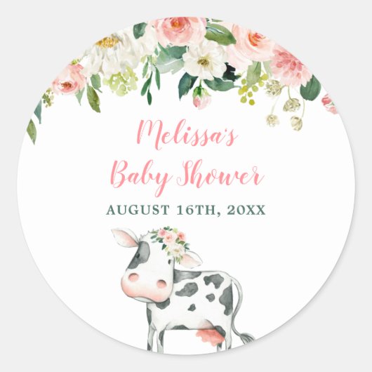 Roze Bloemen Koe Meisje Baby shower Ronde Sticker (Voorkant)