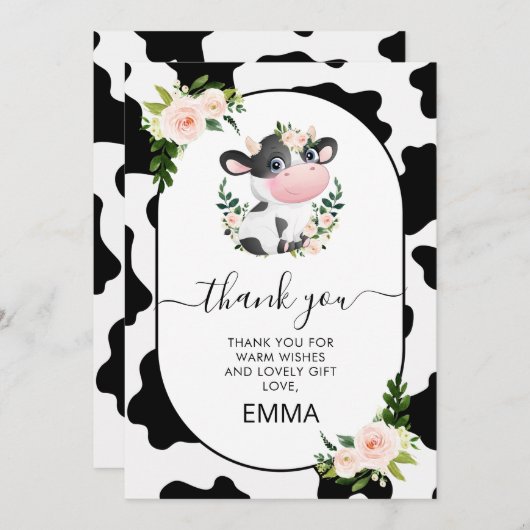 Roze Bloemen Koe Print Baby shower Dank u kaart (Voorkant / Achterkant)