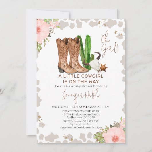 Roze Bloemen Koe Print Kleine Cowgirl baby shower Kaart (Voorkant)