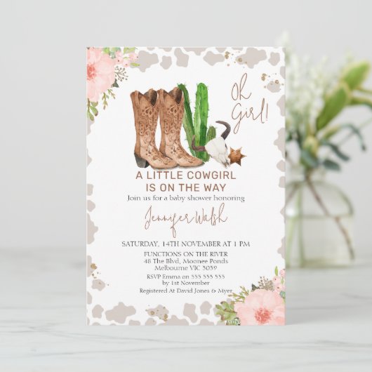 Roze Bloemen Koe Print Kleine Cowgirl baby shower Kaart (Staand voorkant)