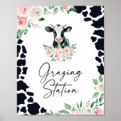 Roze Bloemen Koe Verjaardag Grazing Station Sign Poster (Voorkant)