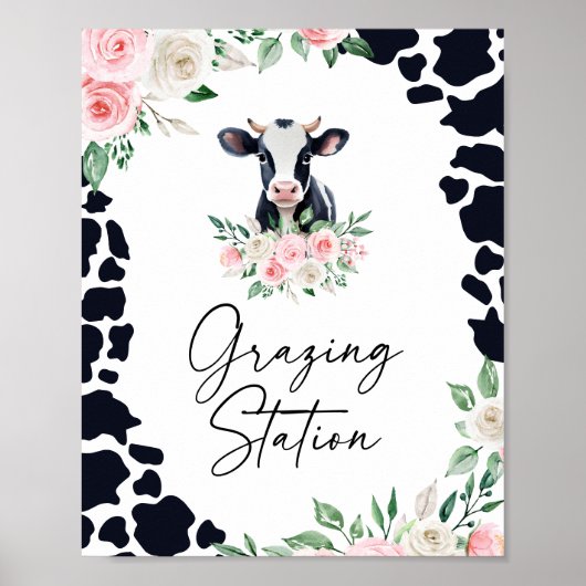 Roze Bloemen Koe Verjaardag Grazing Station Sign Poster (Voorkant)