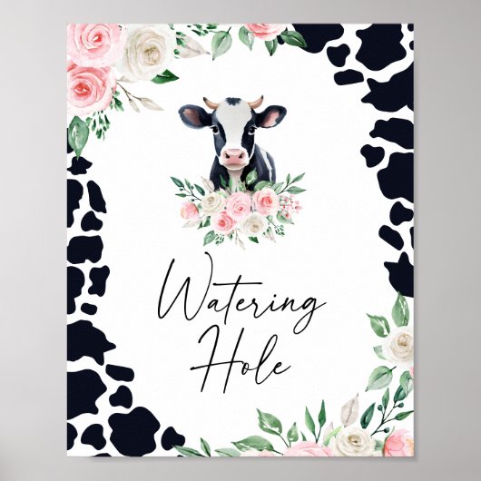 Roze Bloemen Koe Verjaardag Watering Hole Sign Poster (Voorkant)