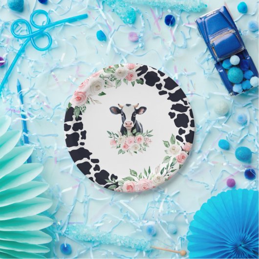 Roze Bloemen Koe Verjaardagsfeest Papieren Bordje (Feest)