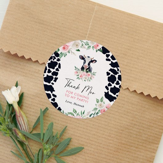 Roze Bloemen Koe Verjaardagsfeest Ronde Sticker