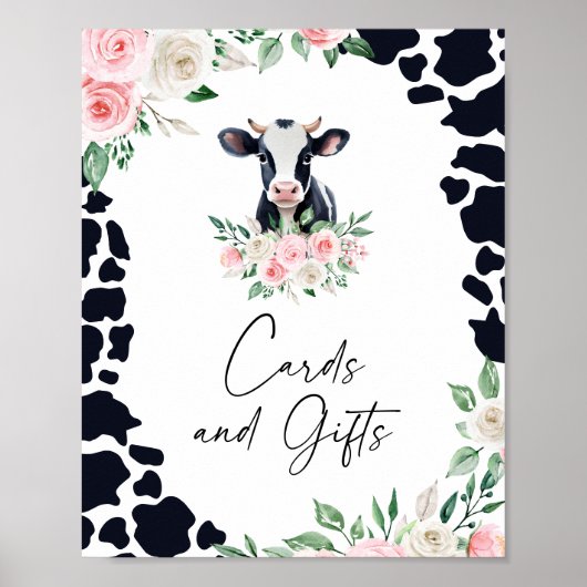 Roze Bloemen Koe Verjaardagskaarten en Cadeaubordj Poster (Voorkant)