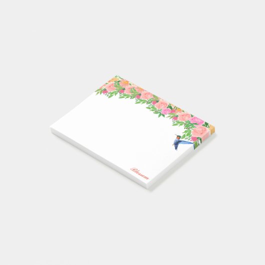 Roze bloemen, kolibrie en kalligrafie op wit post-it® notes (Schuin)