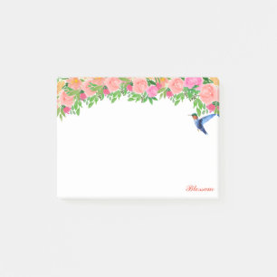 Roze bloemen, kolibrie & kalligrafie op wit post-it® notes
