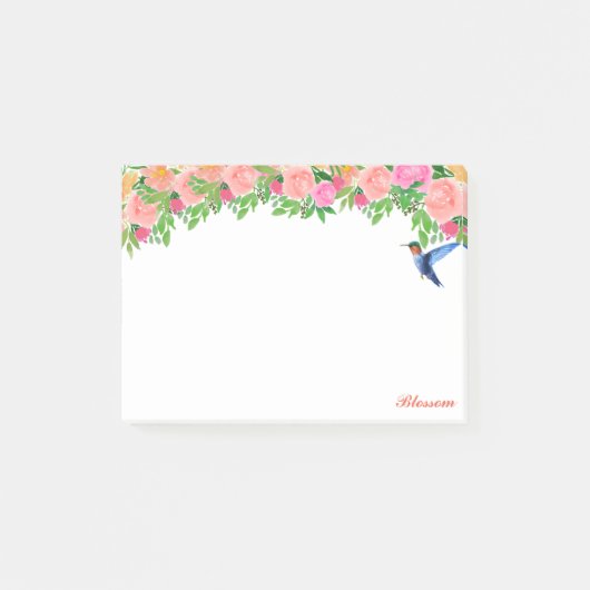 Roze bloemen, kolibrie & kalligrafie op wit post-it® notes (Voorkant)