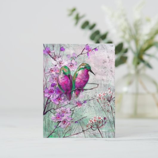 Roze Bloemen Kolibries Briefkaart (Staand voorkant)