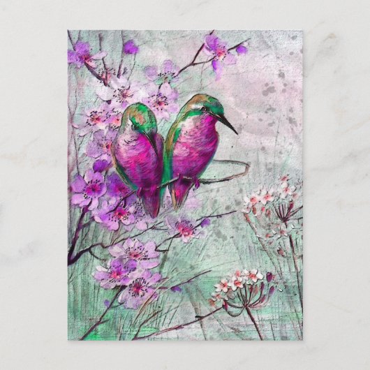 Roze Bloemen Kolibries Briefkaart (Voorkant)