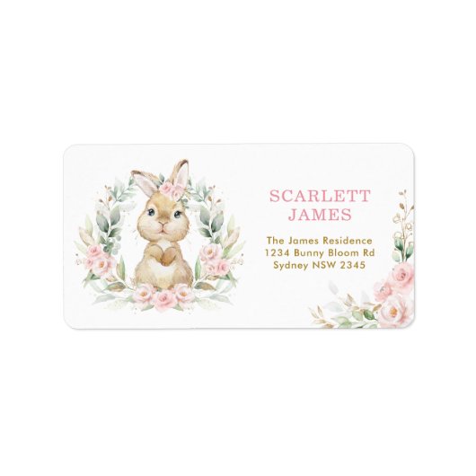 Roze Bloemen Konijn Baby Meisje Retouradres Etiket (Voorkant)