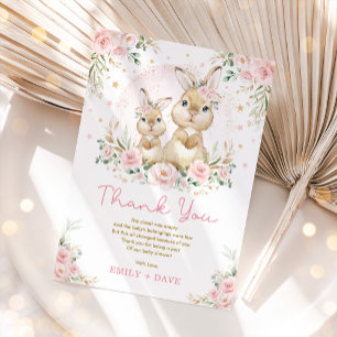 Roze Bloemen Konijn Konijn Meisje Baby shower Bedankkaart