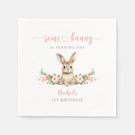 Roze Bloemen Konijn Sommige Bunny 1e Verjaardag Servet