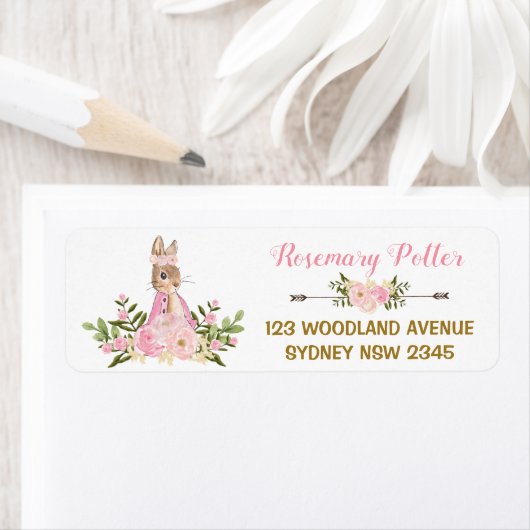 Roze Bloemen Konijnenkonijn Baby shower Adreslabel Etiket (Insitu)