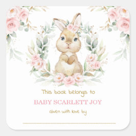 Roze Bloemen Konijnenkonijn Baby shower Bookplate Vierkante Sticker