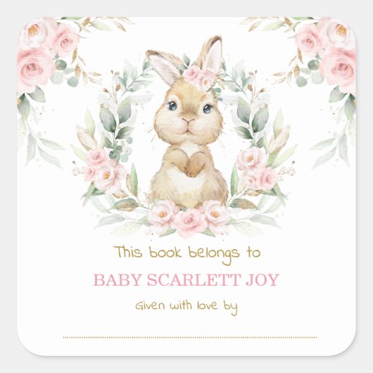 Roze Bloemen Konijnenkonijn Baby shower Bookplate Vierkante Sticker (Voorkant)