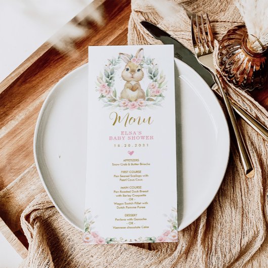 Roze Bloemen Konijnenkonijn Baby shower Menu Kaart