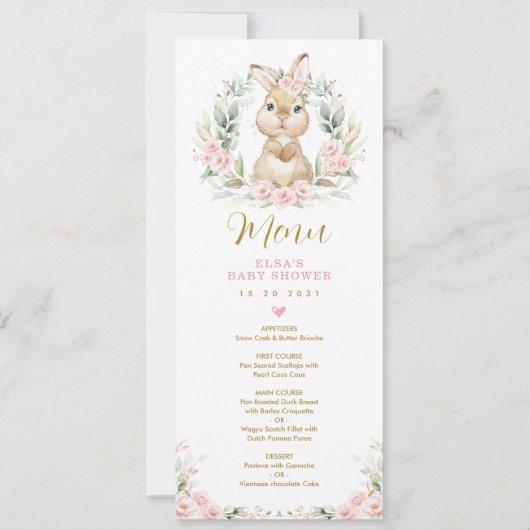 Roze Bloemen Konijnenkonijn Baby shower Menu Kaart (Voorkant)