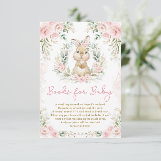 Roze Bloemen Konijnenkonijn Boeken voor Baby Meisj Informatiekaartje (Staand voorkant)