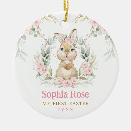 Roze Bloemen Konijntje Baby 1e Pasen Keramisch Ornament (Voorkant)